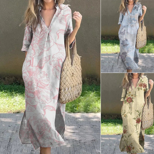 💕Lniana sukienka casual z nadrukiem w kształcie litery V