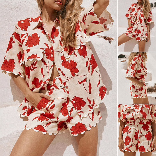 🌼Dwuczęściowy zestaw damski koszula i szorty z kwiatowym nadrukiem w stylu vintage
