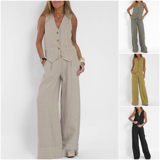 🌷2025 Wiosenne nowości 🥰 Damski dwuczęściowy komplet składający się z lnianej kamizelki i szerokich spodni
