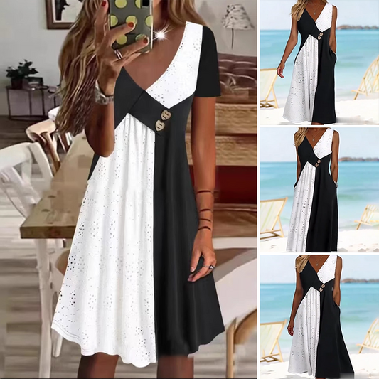 👗 Elegancka damska sukienka z dekoltem w serek i modnym patchworkiem