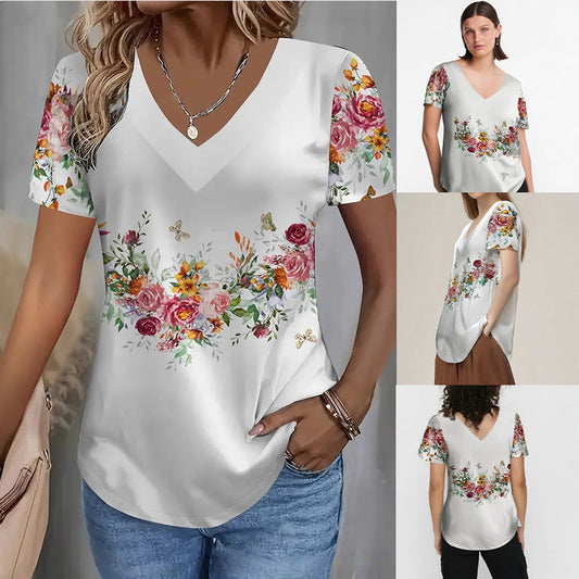 【S-4XL】🌺 Damska bluzka z krótkim rękawem V-neck z kwiatowym nadrukiem